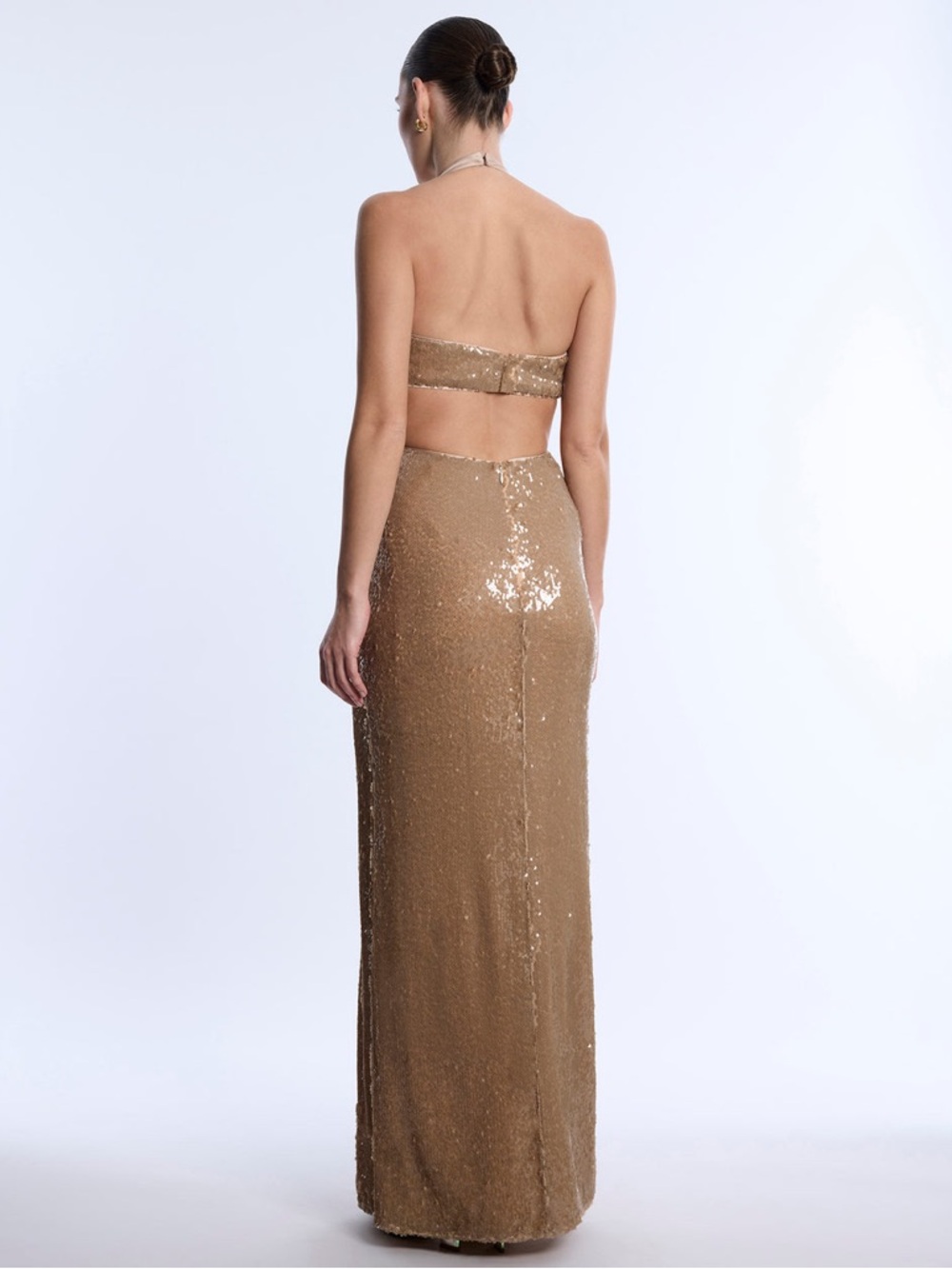 BCBGMAXAZRIA Sequin Cutout Halter Gown Gold Size 14 - Picture 2 of 8